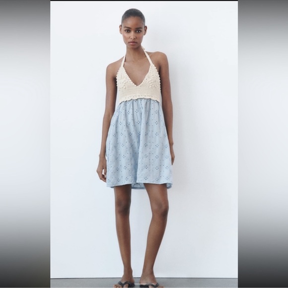 Zara Combination Embroidered Dress Cream & Blue NWT - Picture 7 of 7